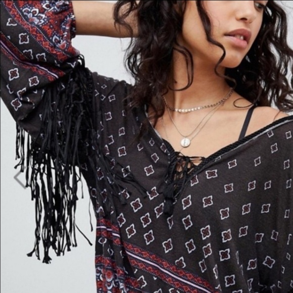 Free People Tops - Free People Top Fringed Macrame Front Tie V-Neck Long Sleeve Black Multi L NWT
